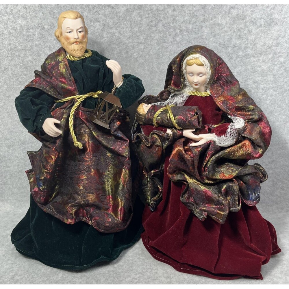Vintage Nativity Joseph Mary Baby Jesus Dolls Set Porcelain Velvet Tree‎ Topper